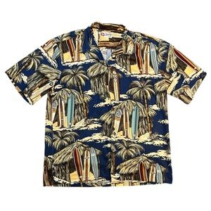 Original Hilo Hattie Hawaiian Shirt (M) Blue Surf Surfboards Floral Aloha Button